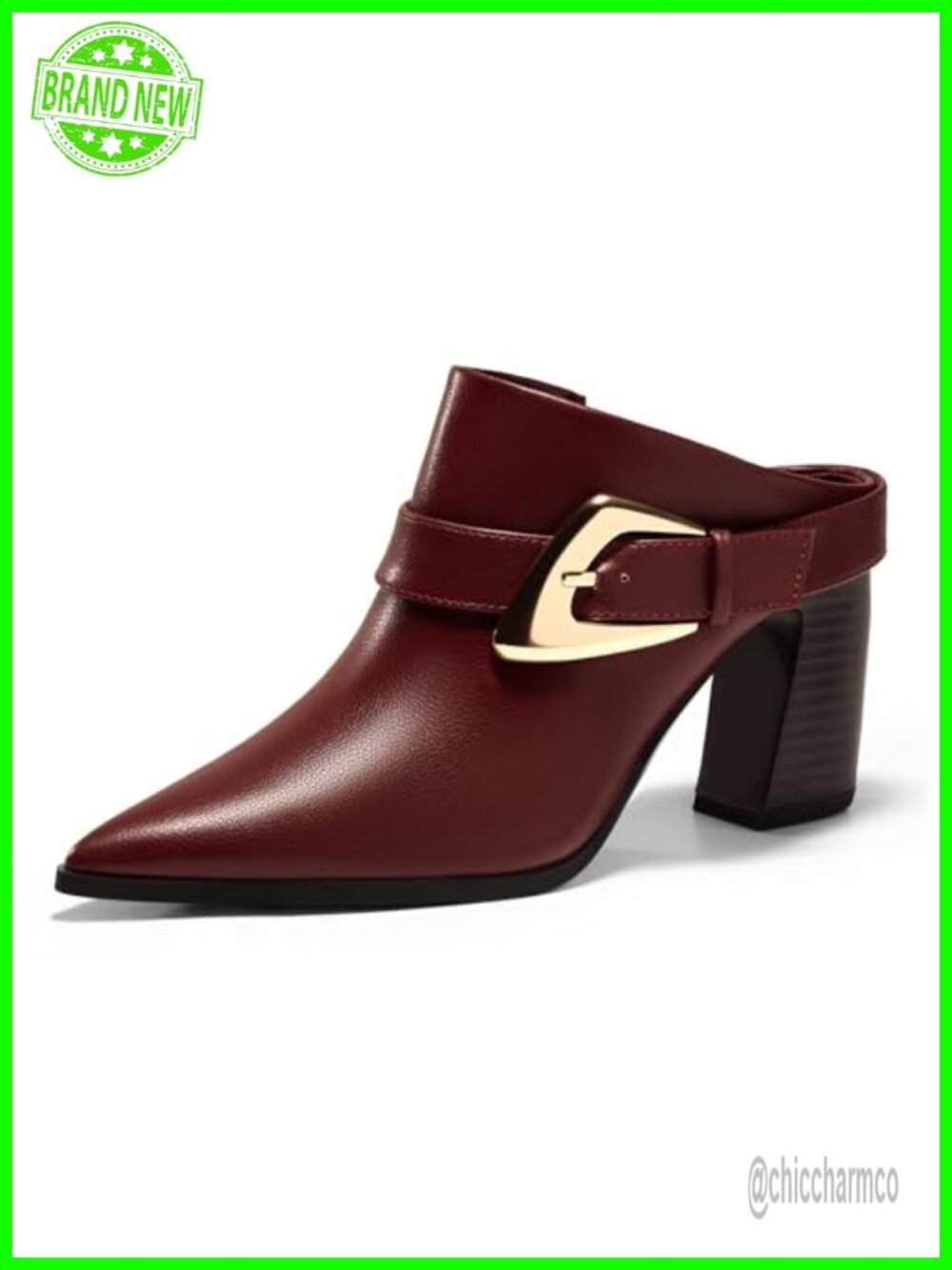 Womens Mules Boots Chunky Stacked Heel Pointed Toe Slip On Booties with Buckle